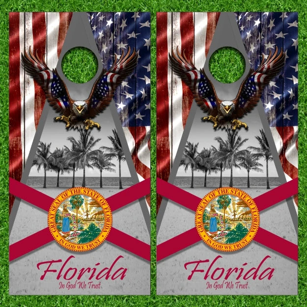 State of Florida Flag Beach Bald Eagle American Flag Cornhole Wraps