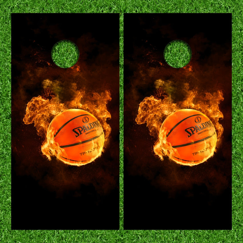 Flaming Basketball on Fire with Flames Background Cornhole Wraps