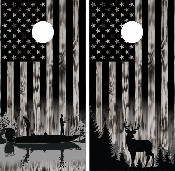 Fishing Boat Lake Deer Buck on Burnt Wood American Flag Background Cornhole Wraps