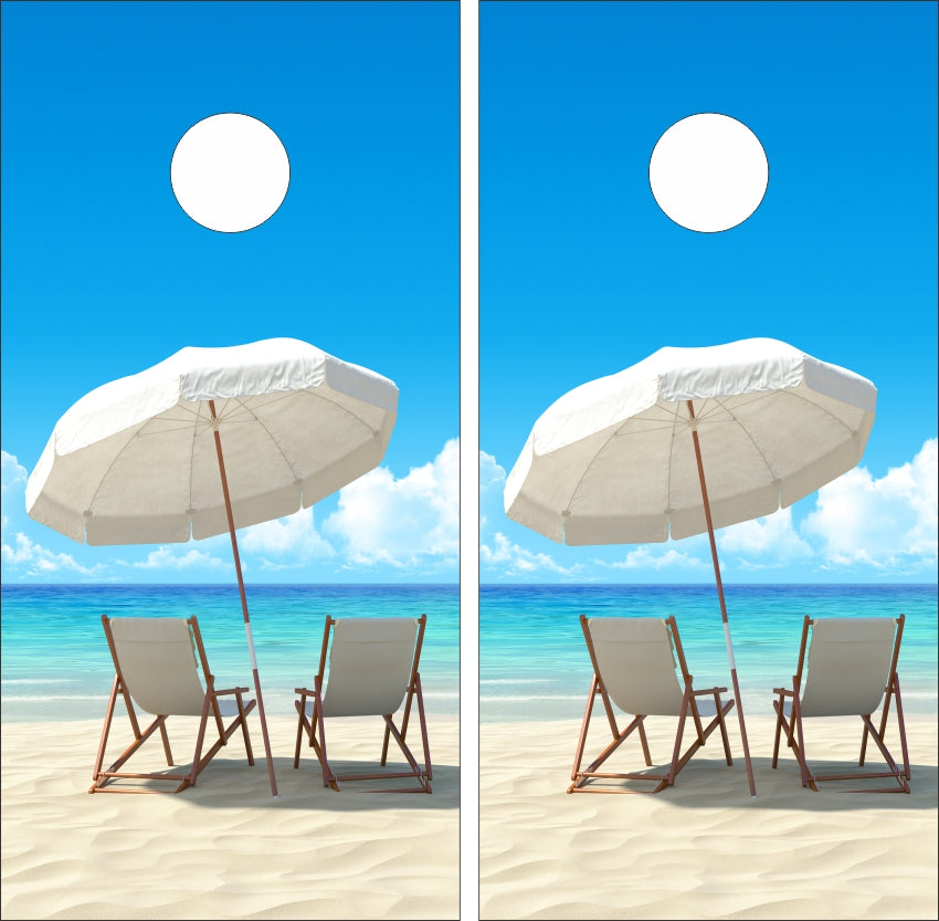 Lounge Chairs Umbrella on Sandy Beach Cornhole Wraps