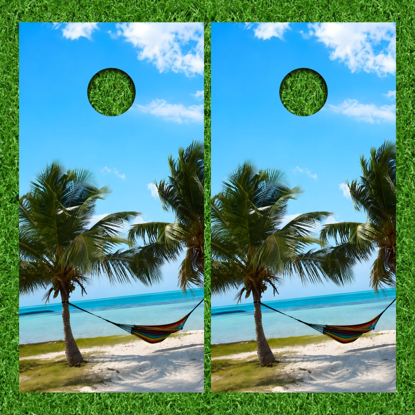 Beach Hammock Palm Trees Ocean Cornhole Wraps