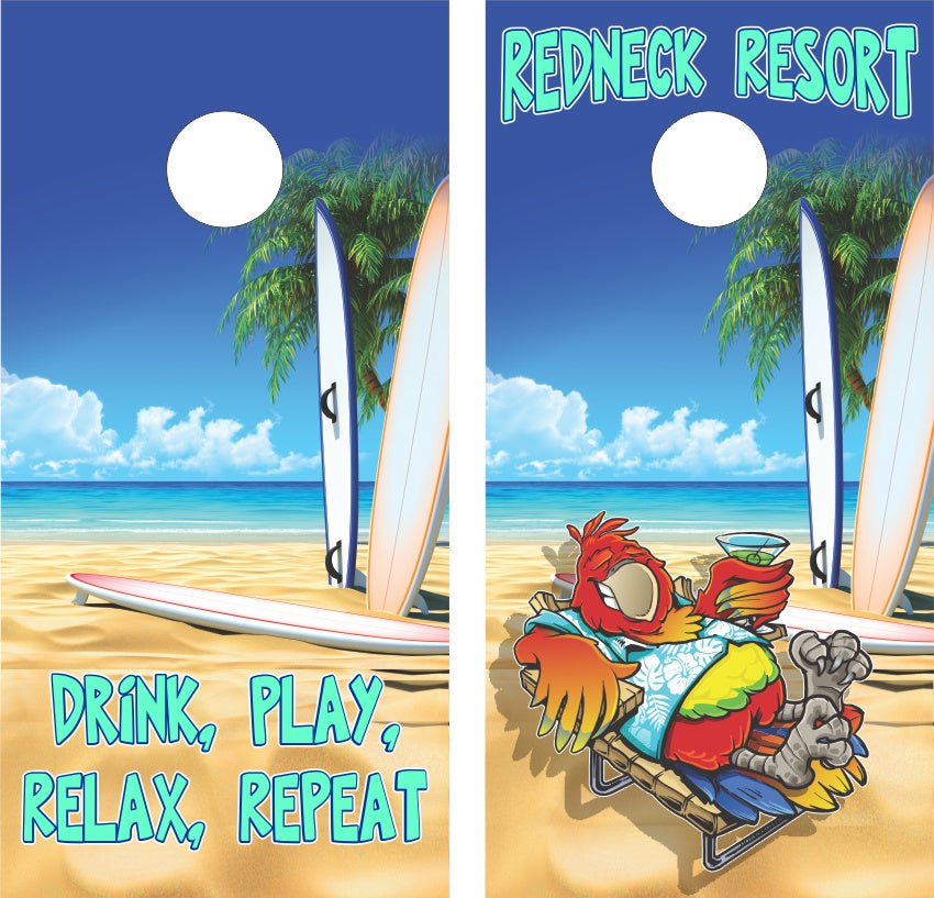 Redneck Resort Parrot Lounge Chair Palm Trees on Sandy Beach Cornhole Wraps