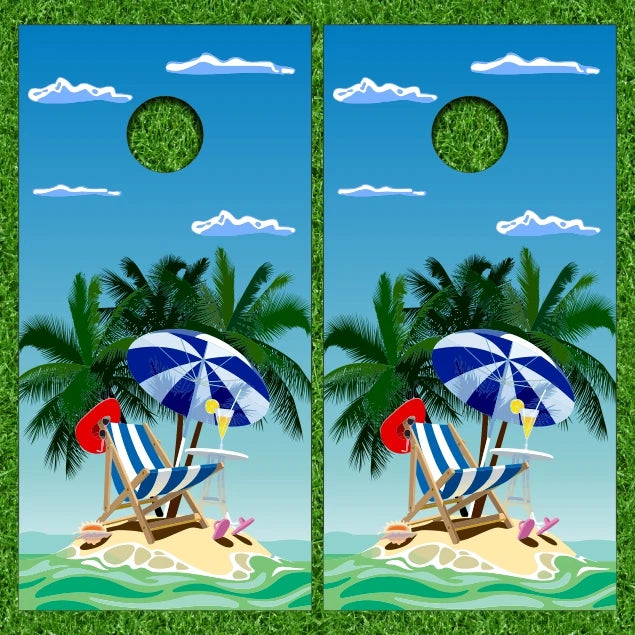 Beach Tropical Island With Chair Umbrella Palm Trees Cornhole Wraps