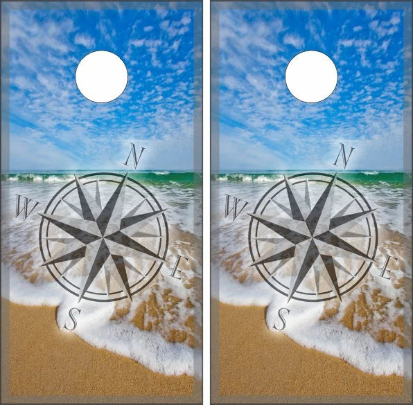 Beach Sandy Ocean Waves Compass Rose Cornhole Wraps