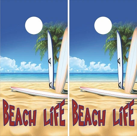 Beach Life Sandy Ocean Waves Palm Trees Surfboard Cornhole Wraps