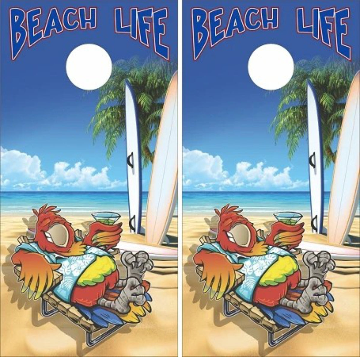 Beach Life Parrot Lounging Sandy Ocean Waves Palm Trees Surfboard Cornhole Wraps