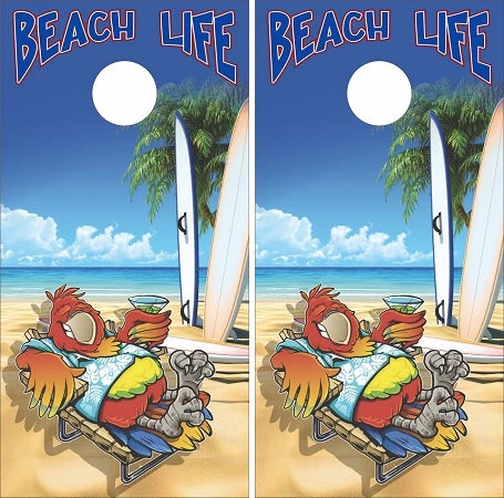 Beach Life Parrot Lounging Sandy Ocean Waves Palm Trees Surfboard Cornhole Wraps