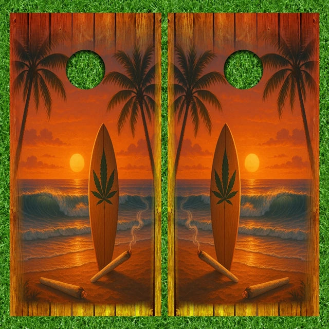 Beach Sandy Ocean Waves Palm Trees Sunset Surfboard Hemp Plant Cornhole Wraps