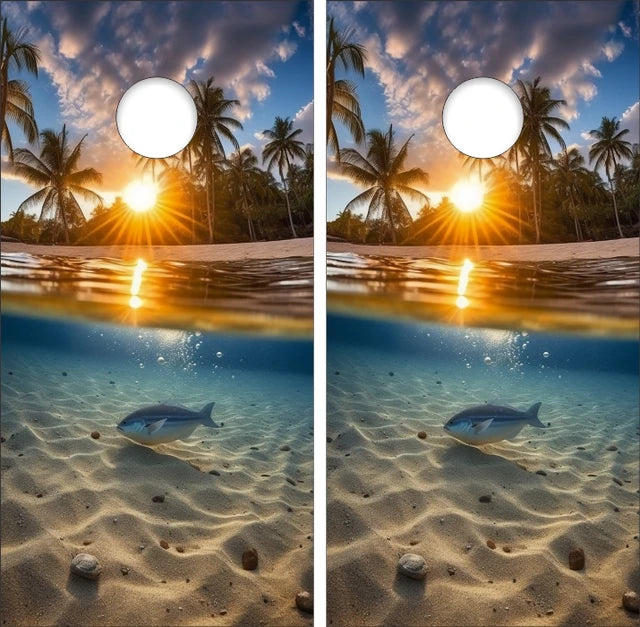 Beach Sandy Ocean Waves Palm Trees Tropical Exotic Fish Cornhole Wraps
