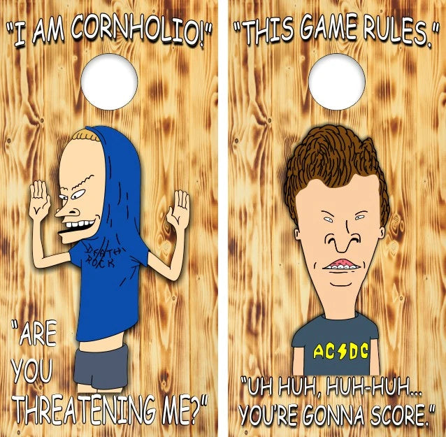 Beavis Butthead I Am The Great Cornholio Burnt Wood Background Cornhole Wraps