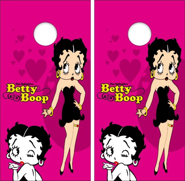 Betty Boop Kissing with Pink Hearts Background Cornhole Wraps