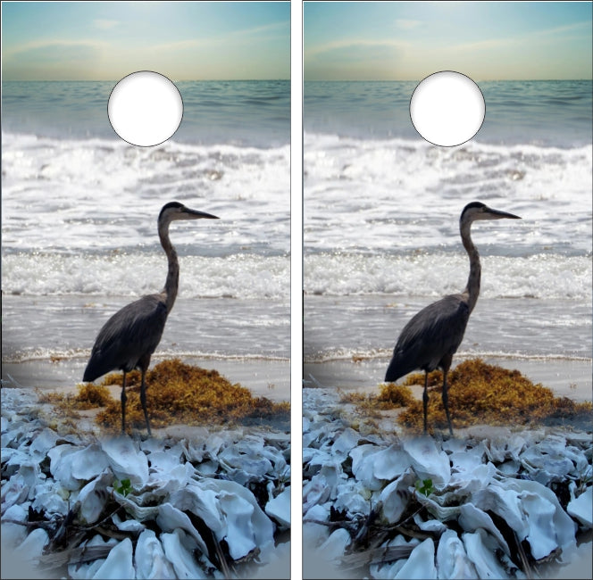 Blue Heron Bird with Ocean Background Cornhole Wraps