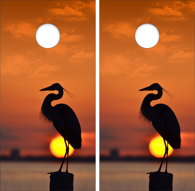 Blue Heron Bird with Sunset Ocean Background Cornhole Wraps