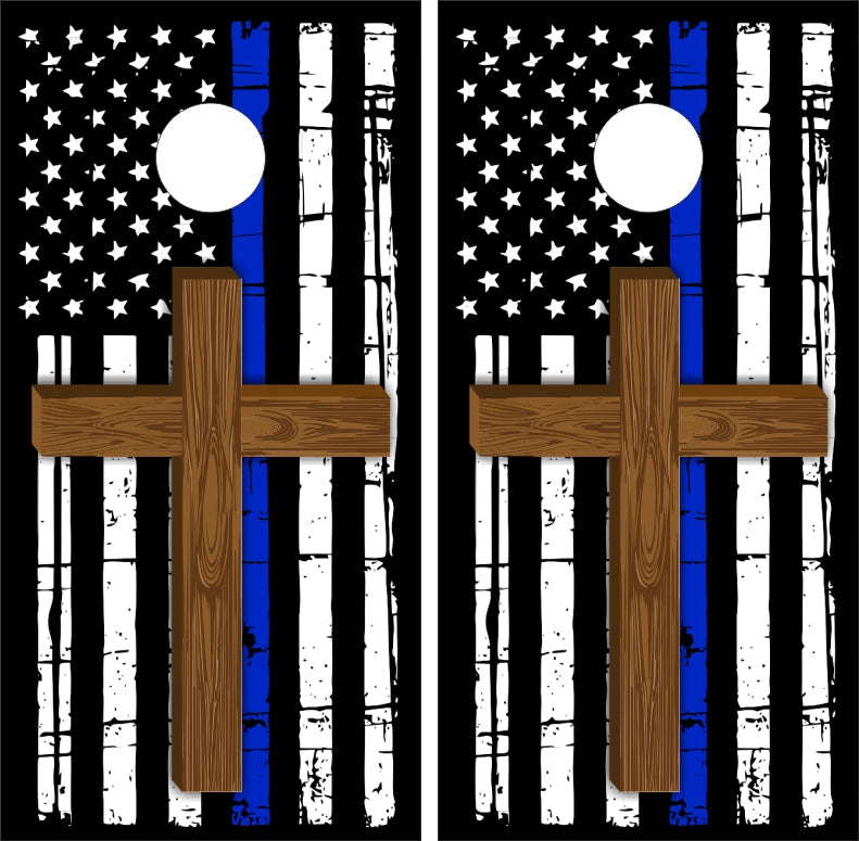 Wooden Cross Over Black & White Thin Blue Line American Flag Cornhole Wraps