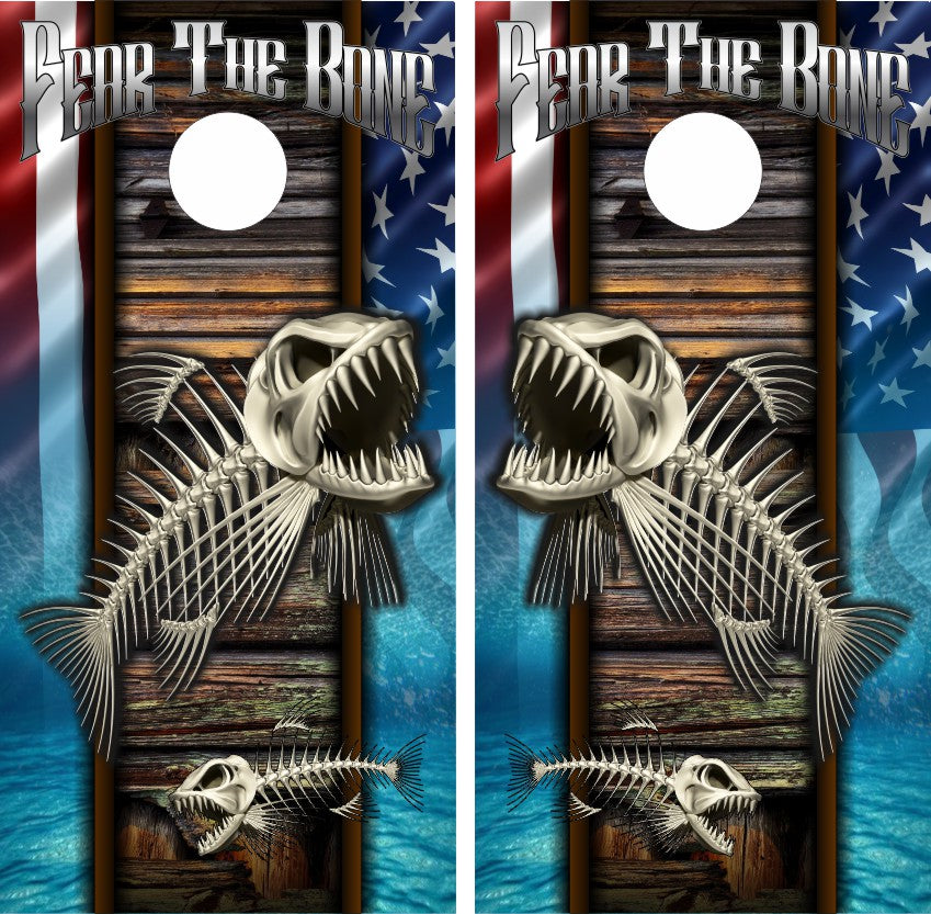 Skeleton Skull Bone Fish American Flag Cornhole Wraps