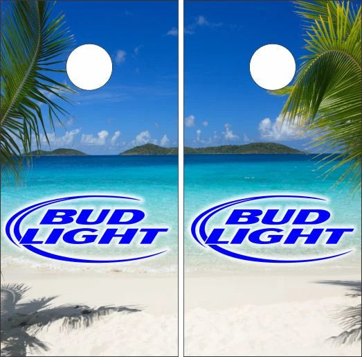 Bud Light Sandy Tropical Beach Palm Trees Cornhole Wraps