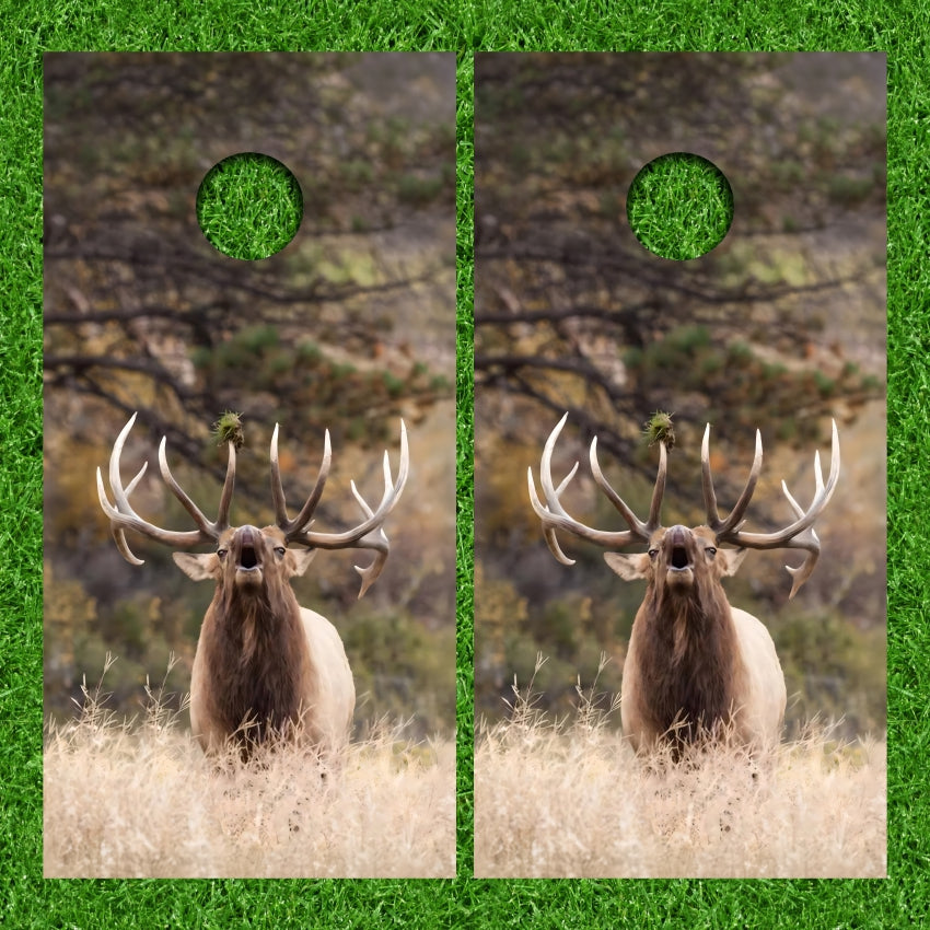 Bugling Bull Elk in Field Cornhole Wraps