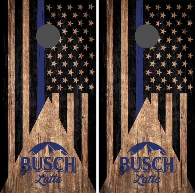 Busch Latte Thin Blue Line Flag on Dark Stain Wood Cornhole Wraps