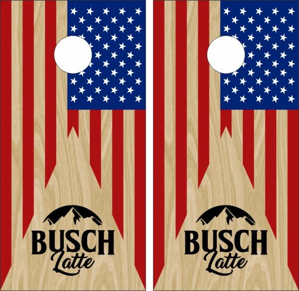 Busch Latte on Light Stain Wood Flag Design Cornhole Wraps