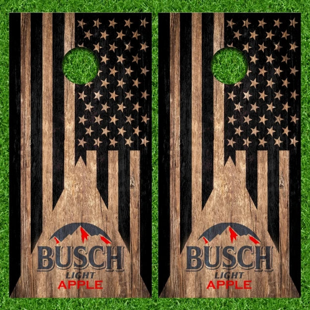 Busch Light Apple on Dark Stain Wood Flag Design Cornhole Wraps