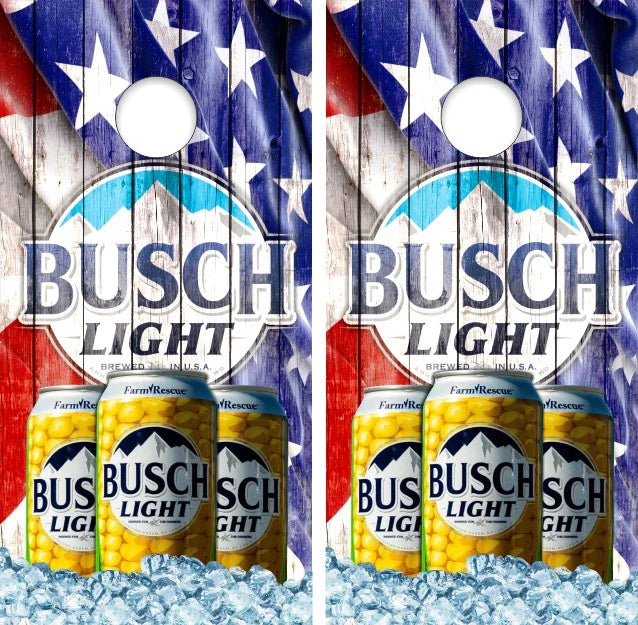 Busch Light Can Corn Farm Rescue on Weathered Wood American Flag Background Cornhole Wraps
