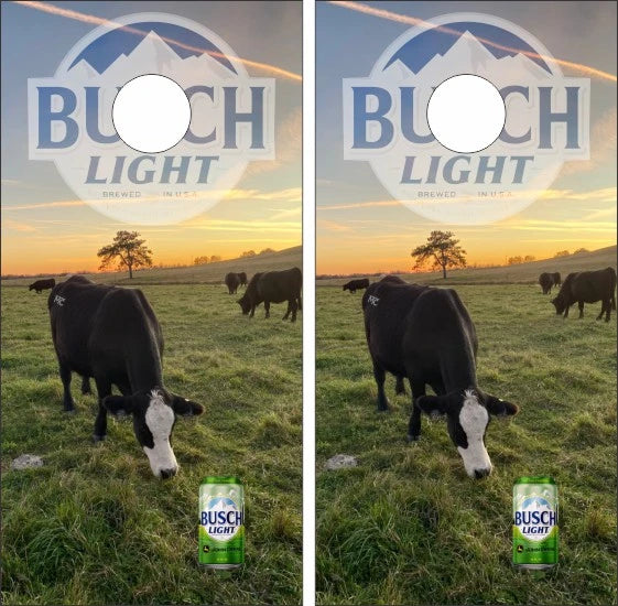 Busch Light With Cow on a Farm Pasture Background Cornhole Wraps