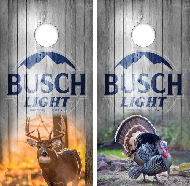 Busch Light Buck Deer & Turkey on Gray Weathered Wood Background Cornhole Wraps