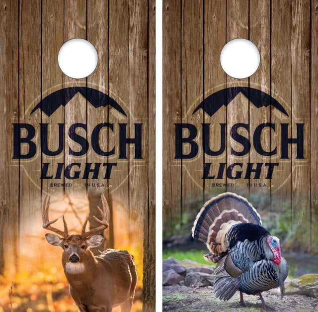 Busch Light Buck Deer & Turkey on Brown Weathered Wood Background Cornhole Wraps