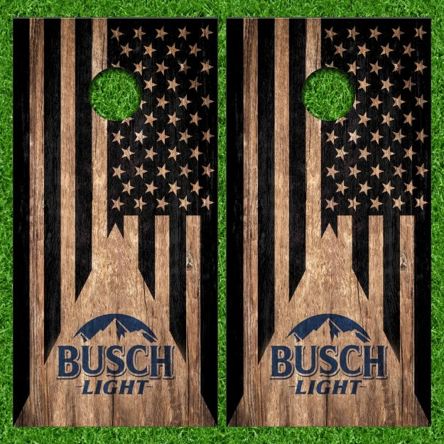 Busch Light on Dark Stain Wood Flag Design Cornhole Wraps
