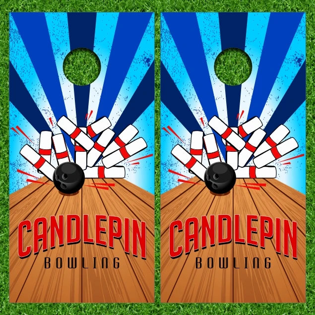 Candlepin Bowling Ball Lane with Starburst Background Cornhole Wraps