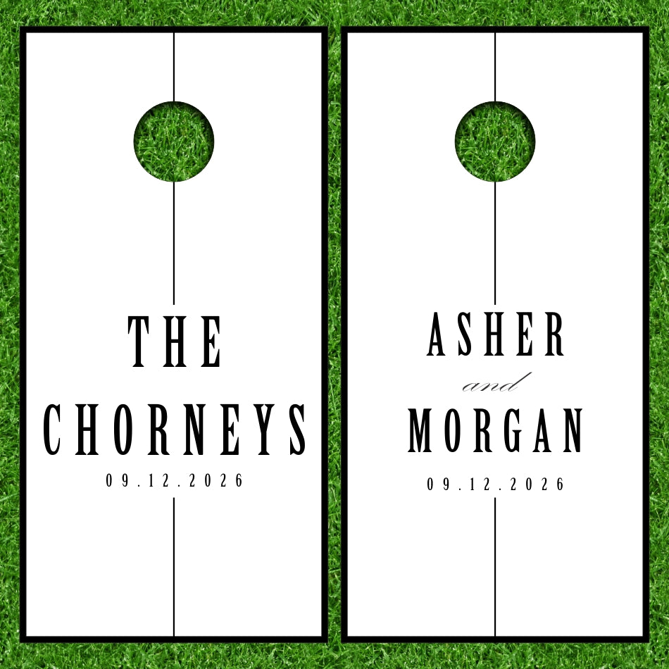 Custom Wedding Monogram Date Established Thin Stripe White Background Cornhole Wraps
