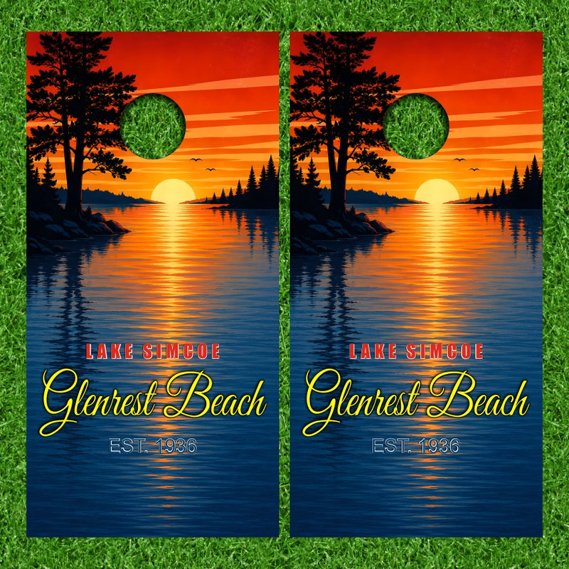 Lake Simcoe Glenrest Beach with Sunset lake Background Version 2 Cornhole Wraps