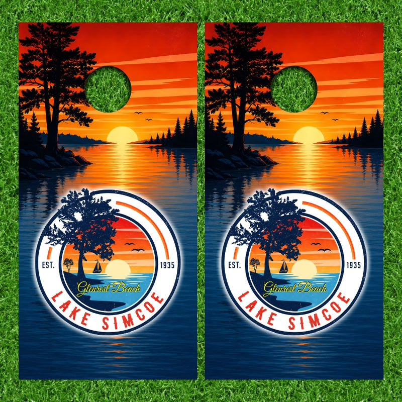 Lake Simcoe Glenrest Beach with Sunset Lake Background Version 1 Cornhole Wraps