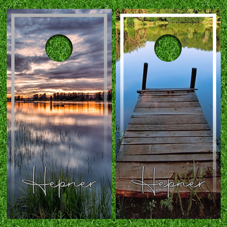 Customize Your Very Own Lake View Boat Dock Cornhole Wraps