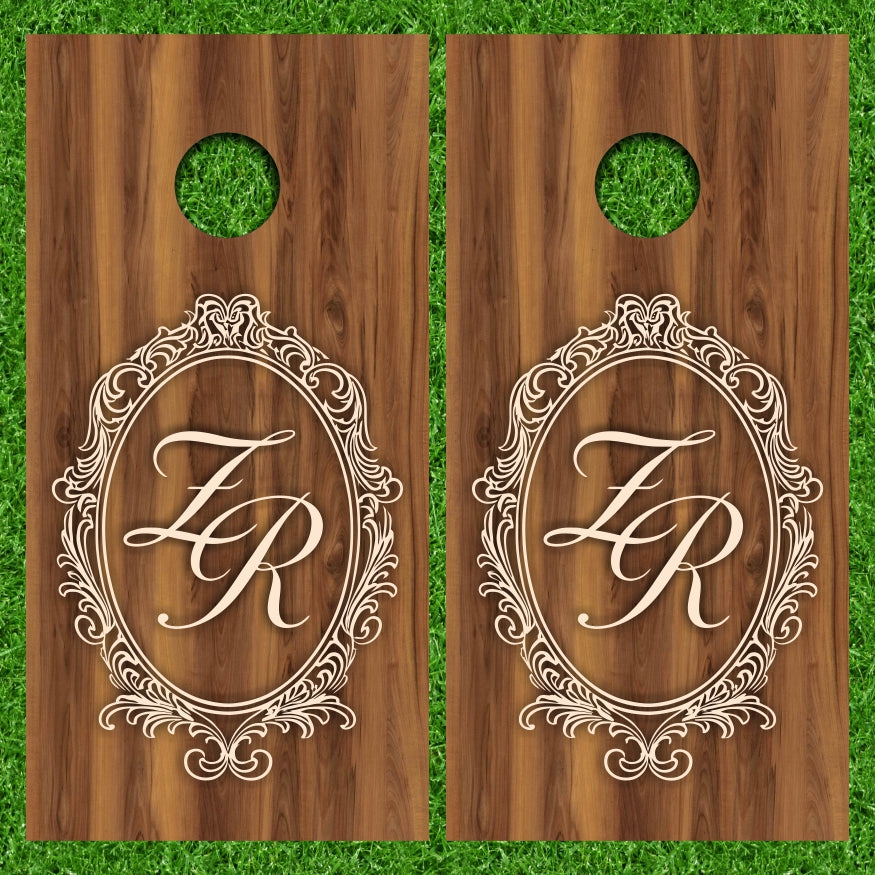 Flower Wreath Wedding Monogram Weathered Wood Background Cornhole Wraps