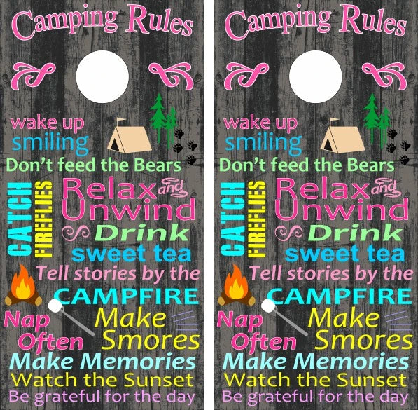 Camp Camping Hiking Trail Campfire Rules on Wood Background Cornhole Wraps