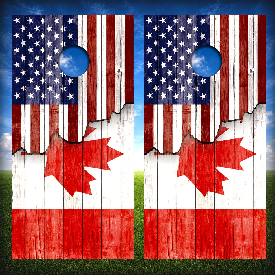 American Flag Ripped Revealing Canada Flag Weathered Wood Cornhole Wraps