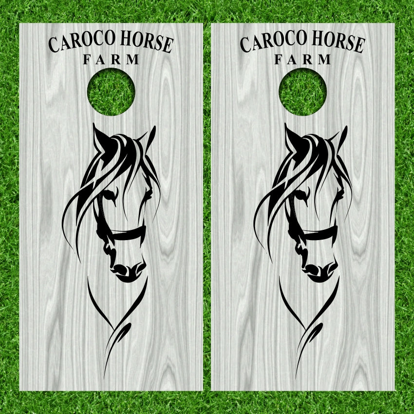Horse Head Silhouette on Gray Plywood Texture Cornhole Wraps