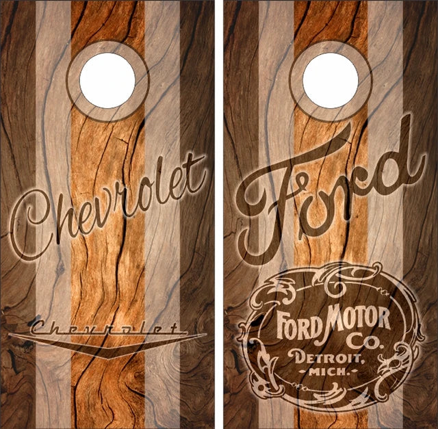 Chevy Chevrolet & Ford on Wood Slab Background Cornhole Wraps