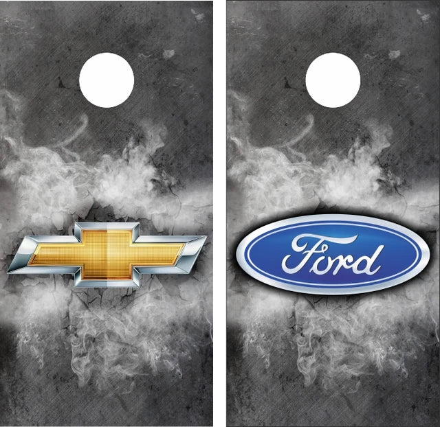Chevy Chevrolet & Ford on Cracked Concreate with Smoke Background Cornhole Wraps