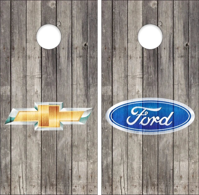 Chevy Chevrolet & Ford on Weathered Wood Background Cornhole Wraps