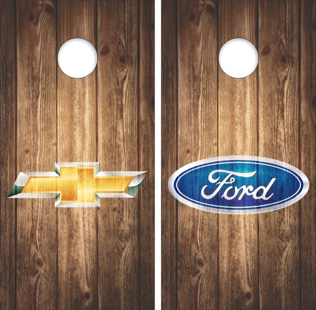 Chevy Chevrolet & Ford on Brown Weathered Wood Background Cornhole Wraps