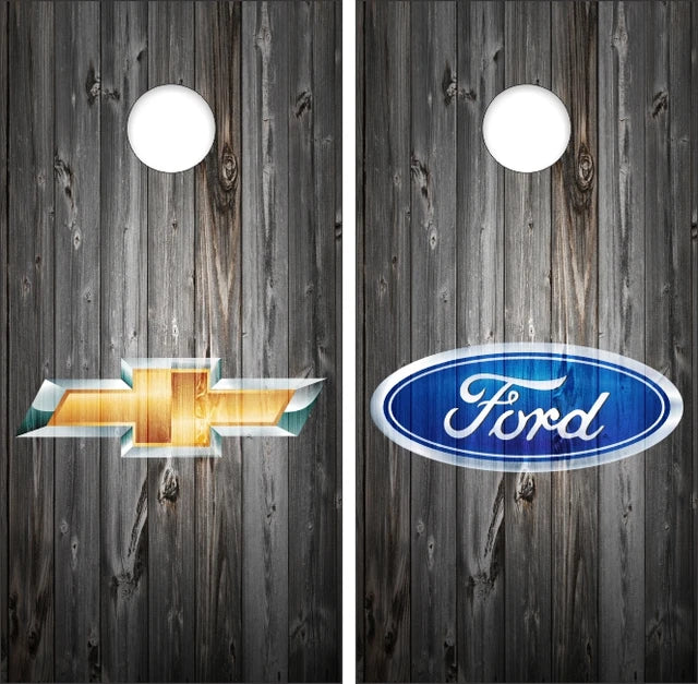 Chevy Chevrolet & Ford Dark Gray Weathered Wood Background Cornhole Wraps