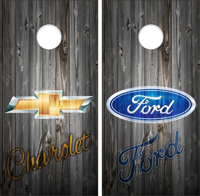 Chevy Chevrolet & Ford Text on Dark Gray Weathered Wood Background Cornhole Wraps