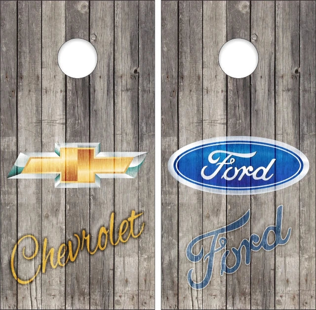 Chevy Chevrolet & Ford Text on Light Gray Weathered Wood Background Cornhole Wraps
