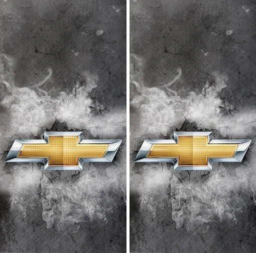 Chevy Chevrolet on Cracked Concreate with Smoke Background Cornhole Wraps