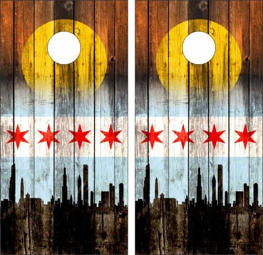 City Flag of Chicago with a Weathered Wood Look Cornhole Wraps