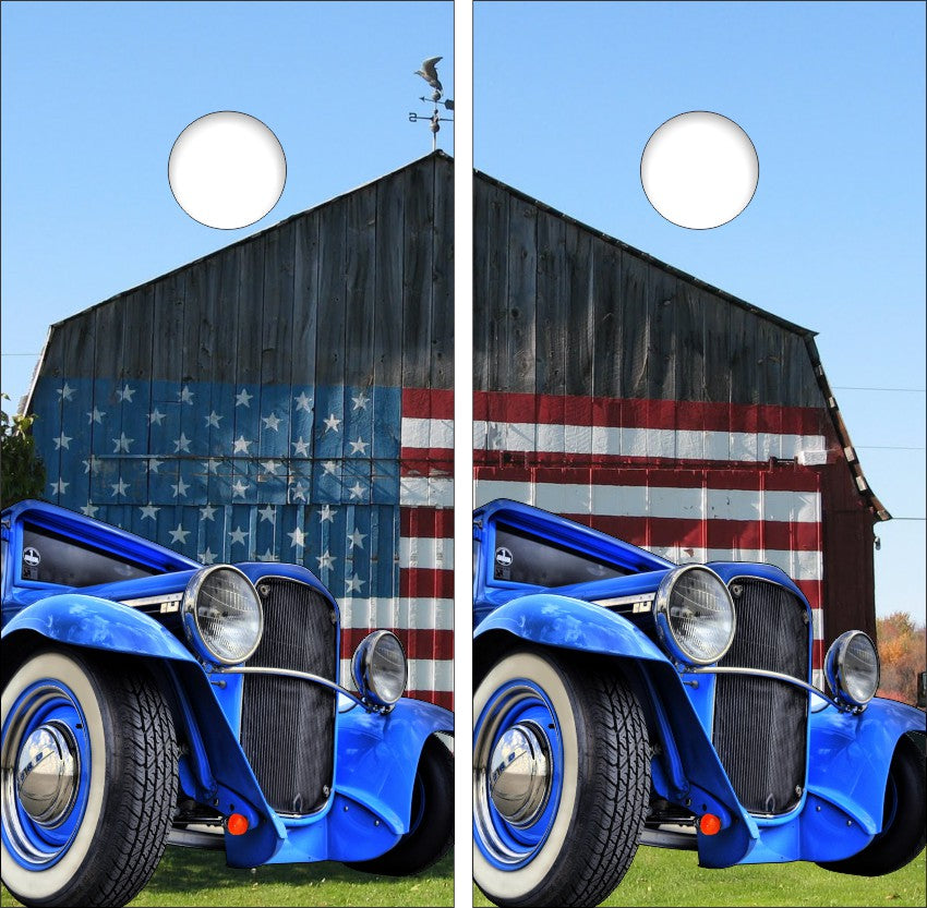 Classic Blue Hot Rod Truck American Flag Barn Cornhole Wraps