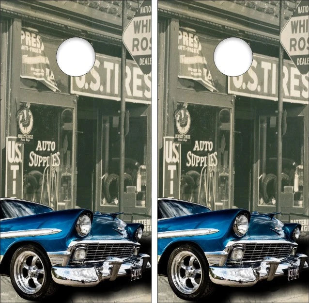Classic Hotrod Blue Car with Old Country General Store Background Cornhole Wraps