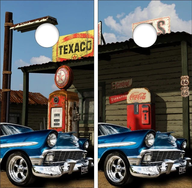 Classic Hotrod Blue Car with Old Country General Store Gas Pumps Background Cornhole Wraps